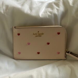 Kate Spade Cream and Pink Wristlet with Heart Stud Accents
